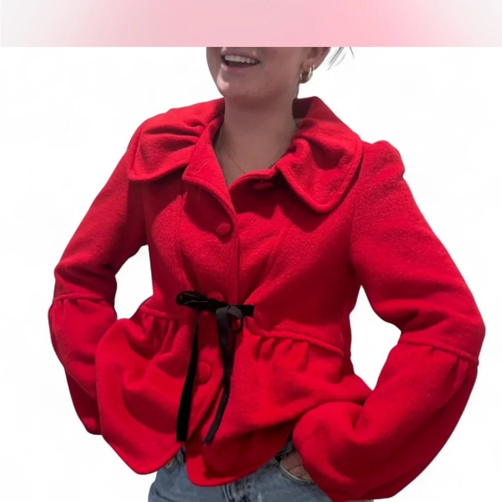 Vintage Red Peplum‎ Coat Jacket Velvet Bow Detail Romantic Statement Size S